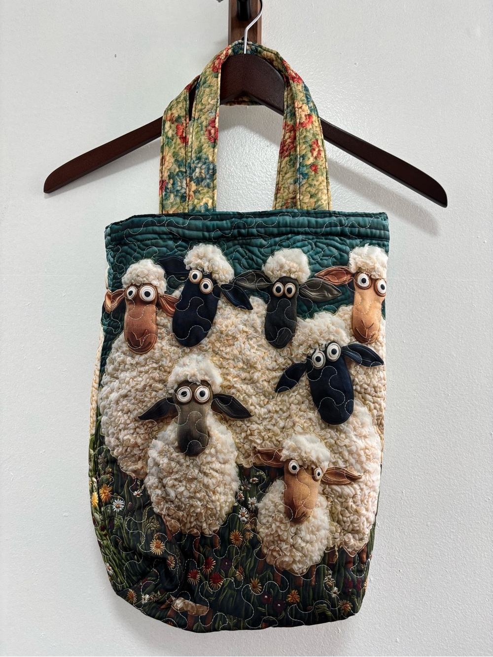 Martha's Sheep Tote Bag Handmade Quilted Sheep Tote Bag in Cream and Green